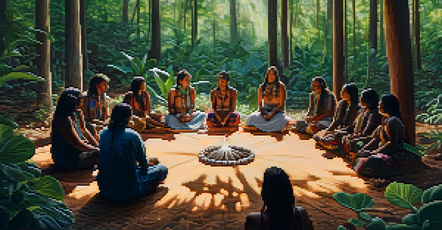 An Indigenous community gathering for a peyote ceremony in a forest, depicting participants in a circle with a cactus at the center.