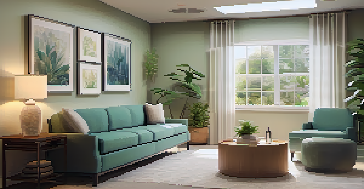 A cozy therapy room designed for relaxation, with comfortable furniture and calming decor.