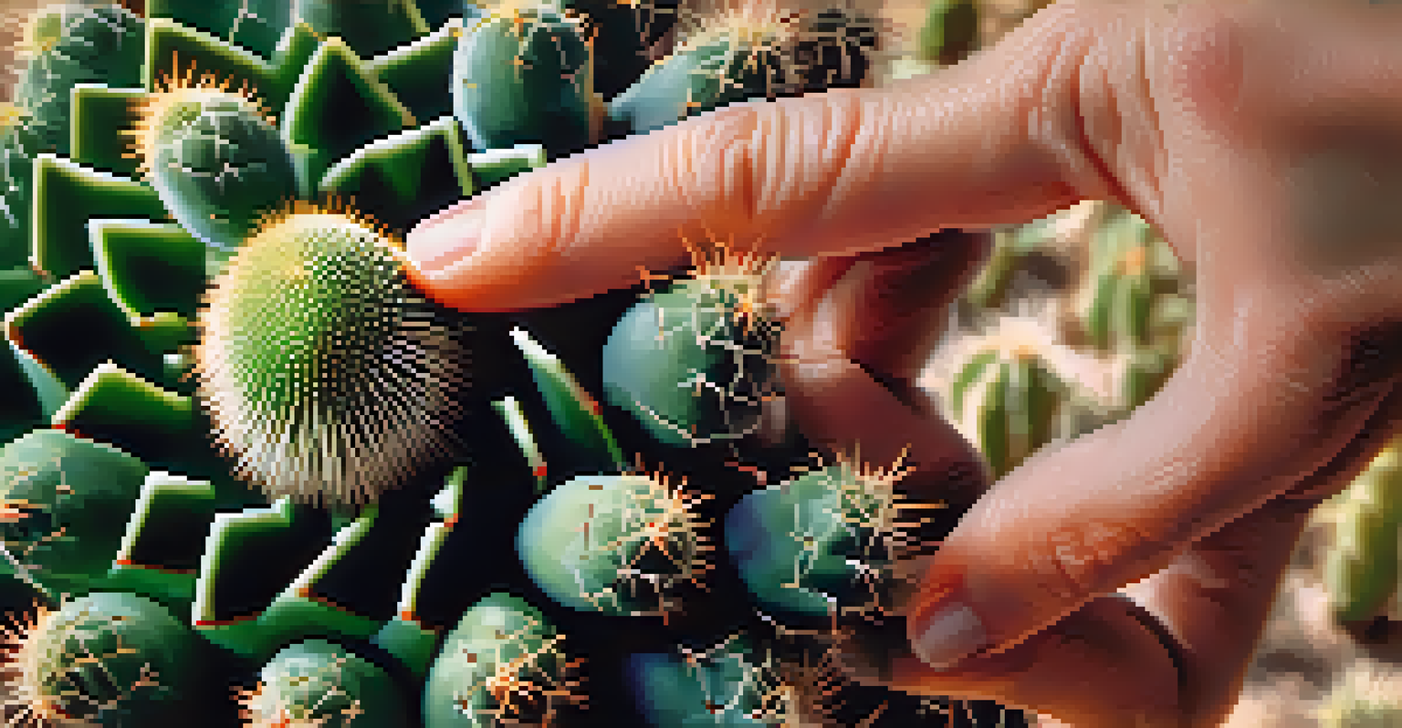 A close-up of a hand holding a Peyote cactus, highlighting its texture and features against a blurred green background.