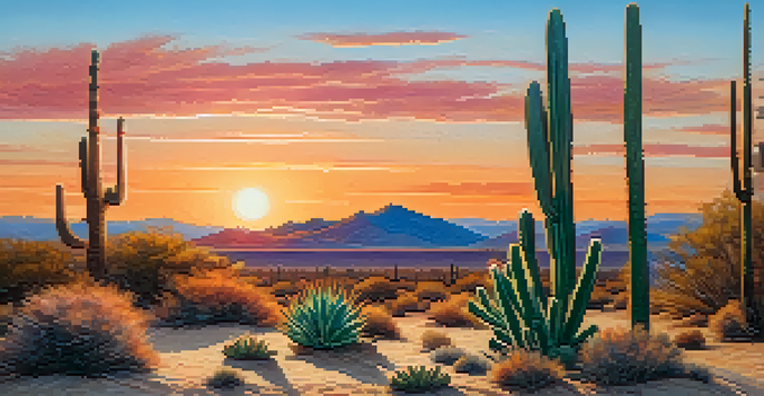 A desert scene at sunset with a prominent peyote cactus in the foreground and vibrant colors in the sky.