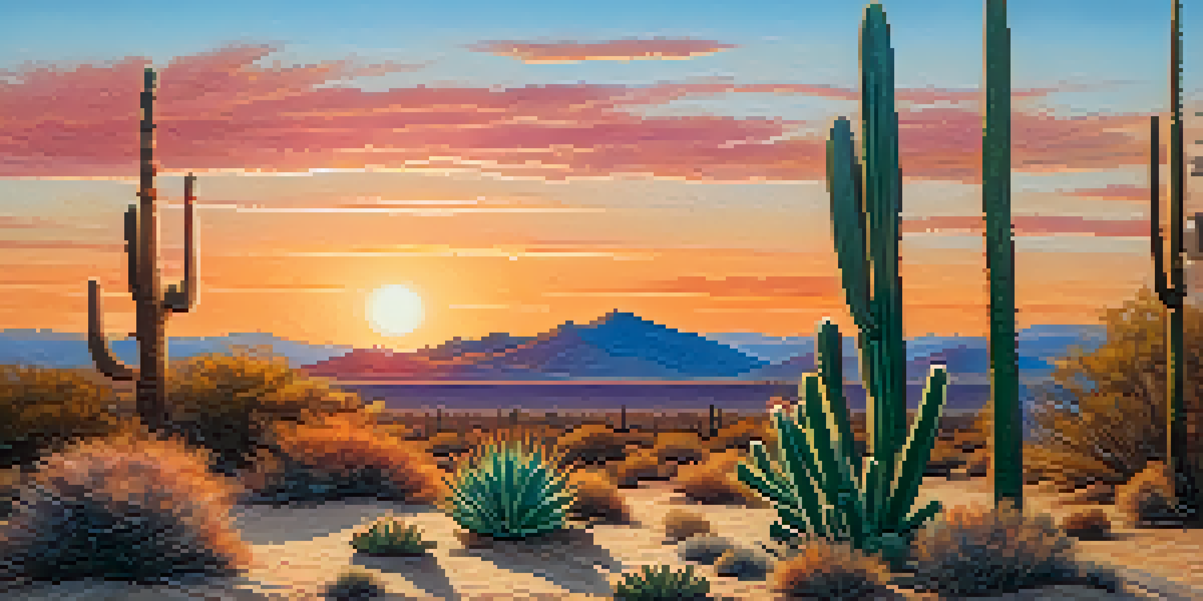 A desert scene at sunset with a prominent peyote cactus in the foreground and vibrant colors in the sky.