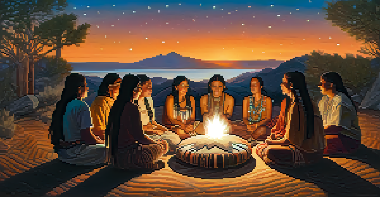 A group of Native American individuals in a circle during a peyote ceremony, illuminated by firelight against a starry night sky.
