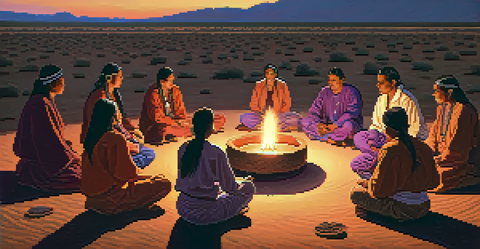 Indigenous individuals in a peyote ceremony at sunset, sitting in a circle around a small fire, wearing traditional attire.