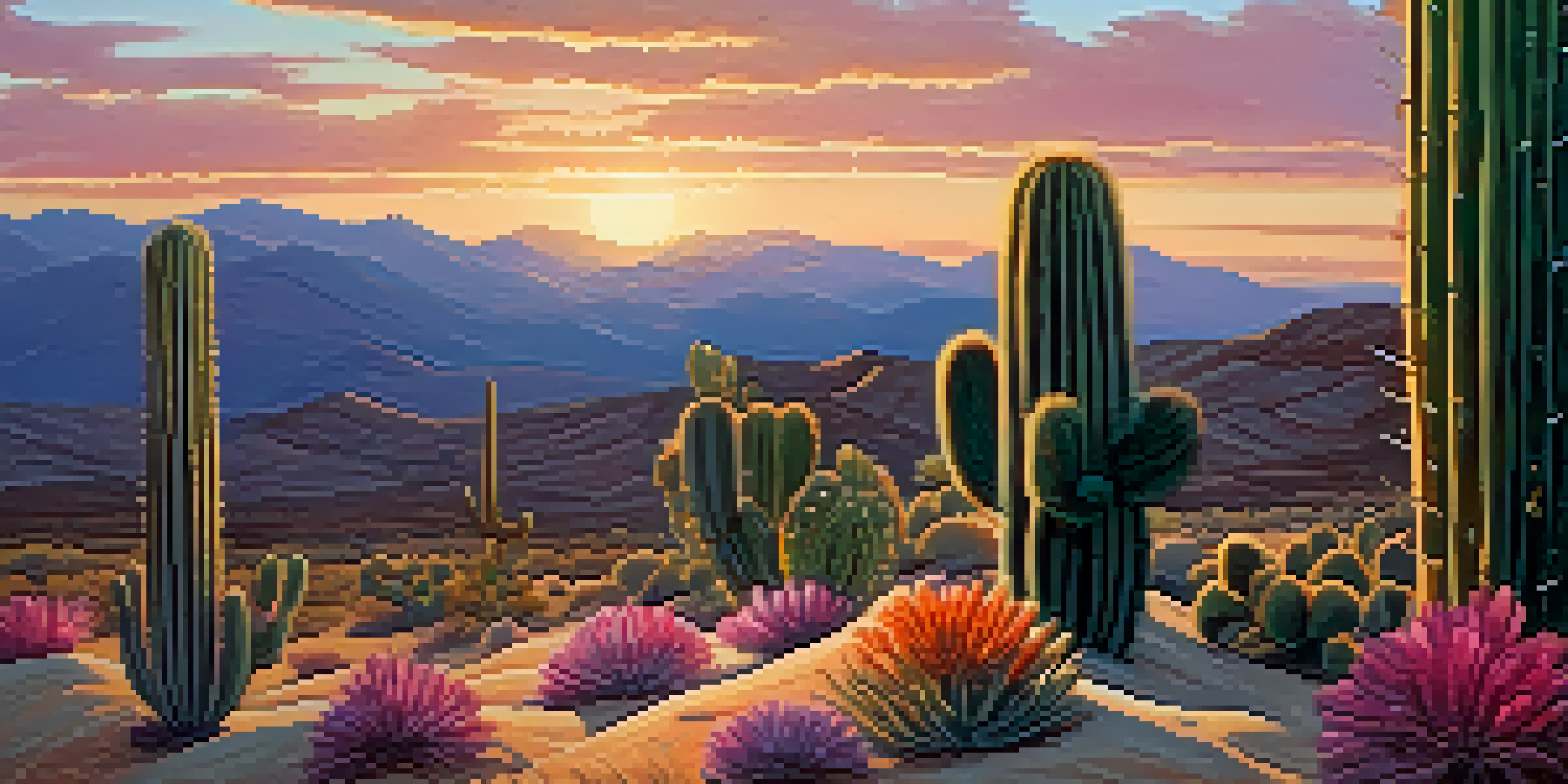 A close-up of a peyote cactus in a desert landscape during sunset, with vibrant sky colors and distant mountains.