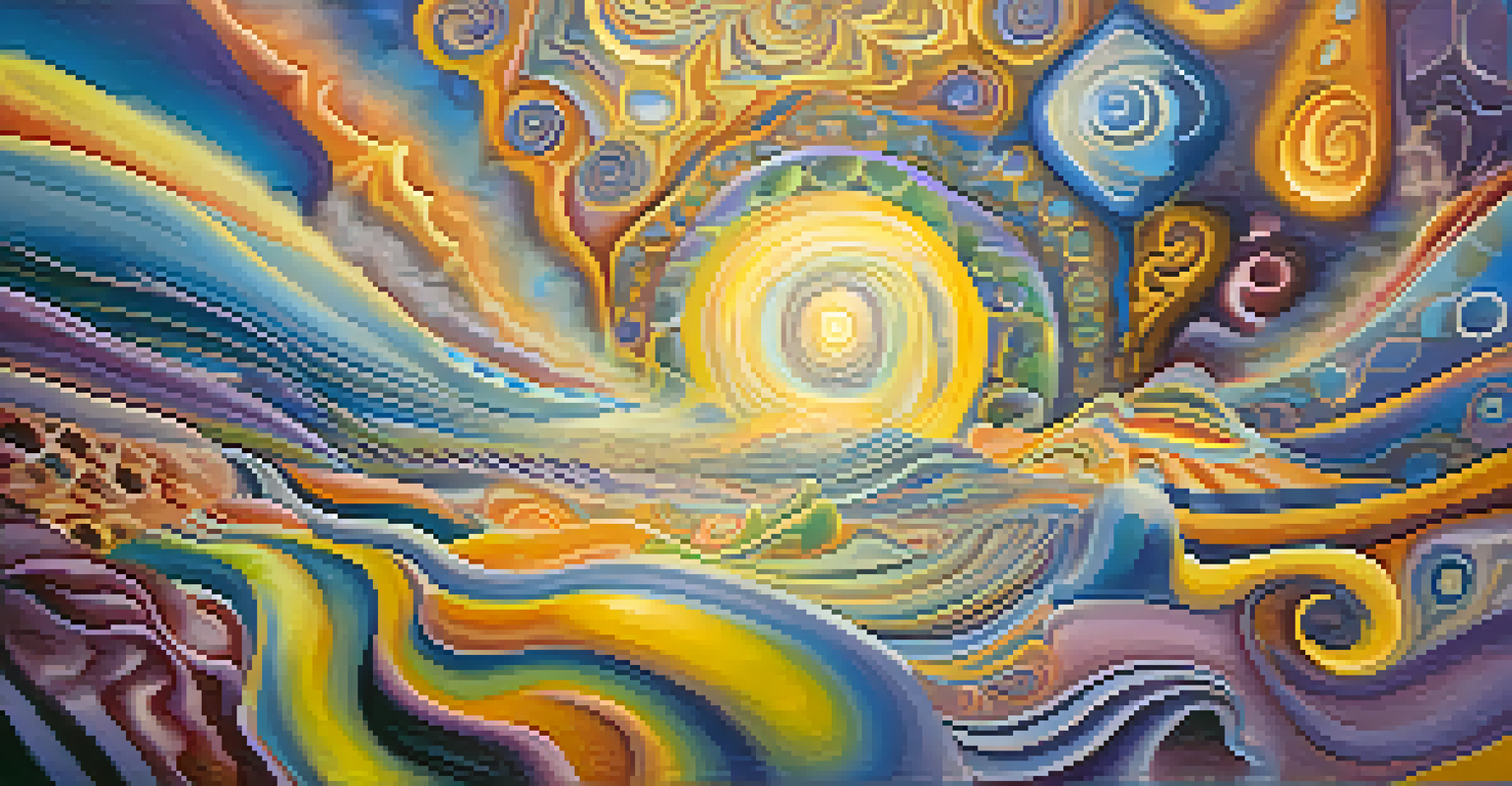 An abstract dreamscape representing insights from a peyote ritual, with swirling colors and ethereal figures amidst vibrant patterns.