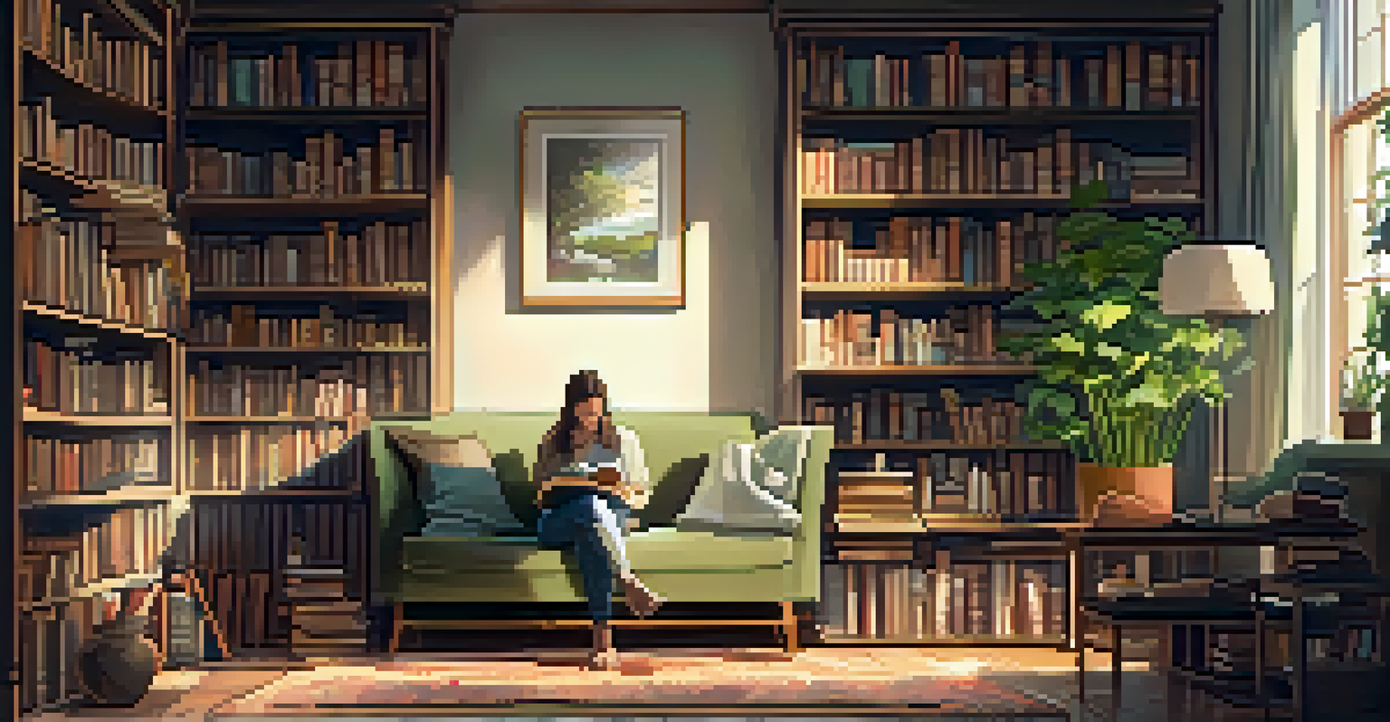 A warm, inviting room with a person journaling on a rug surrounded by books and plants.