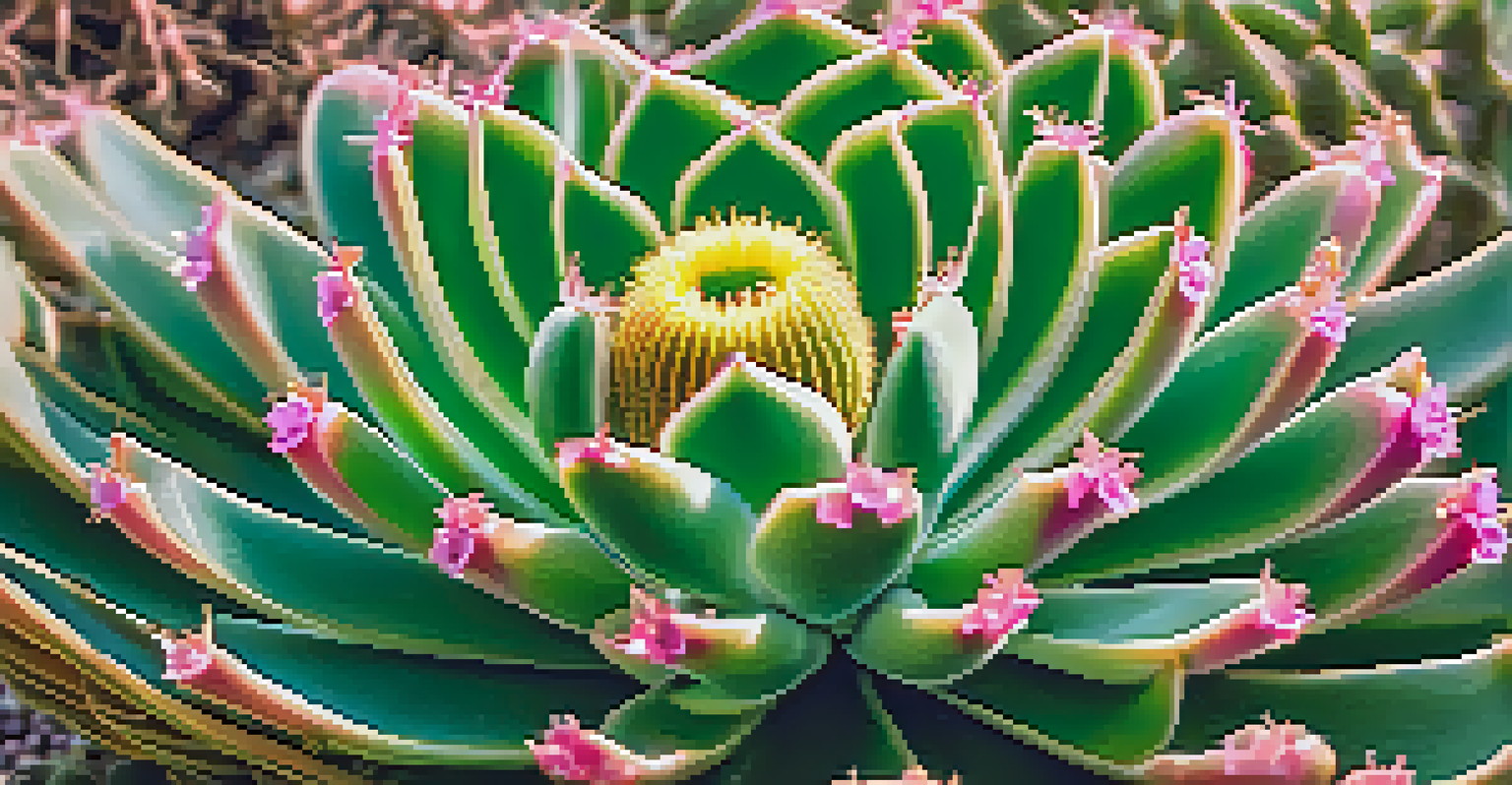 Close-up image of a peyote cactus with vibrant flowers in a sunlit desert environment.
