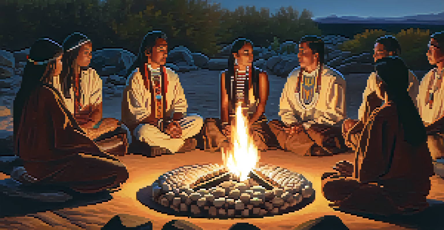 A traditional Native American ceremony with participants around a fire and a Peyote cactus at the center.