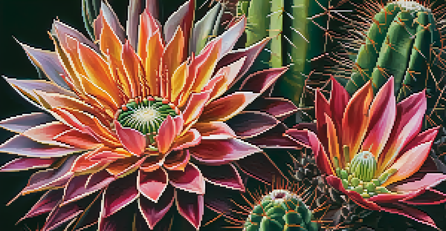 Close-up of blooming peyote cactus flowers with rich textures and vibrant colors against a dark background.