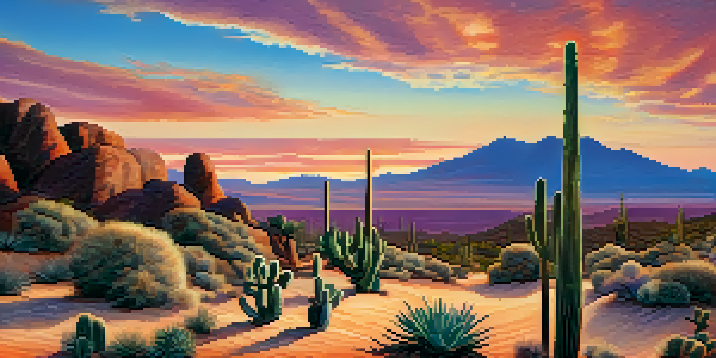 A desert scene at sunset with peyote cacti in the foreground and a colorful sky.