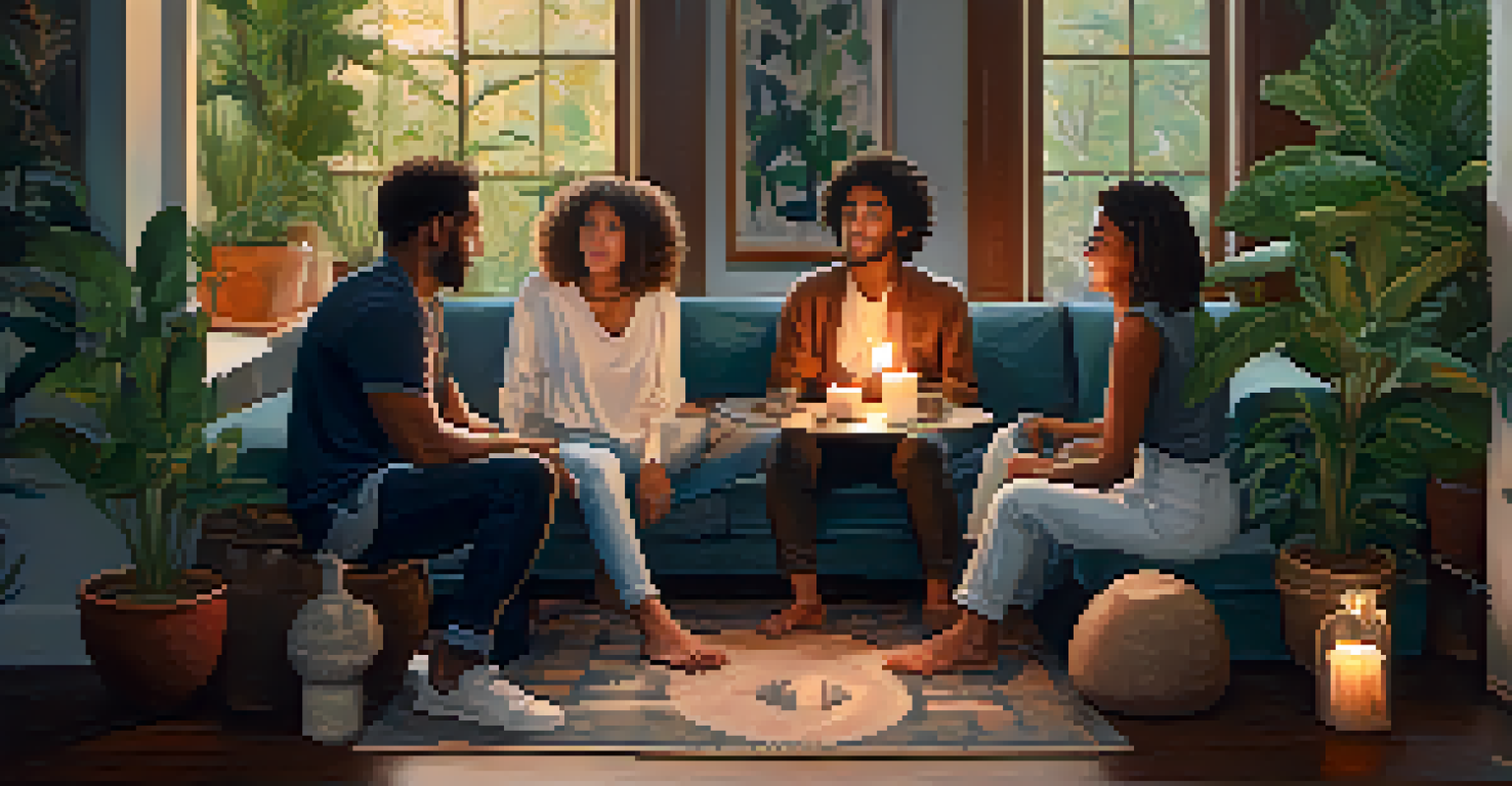 A cozy indoor space with friends sitting on cushions, having a deep conversation in soft lighting.