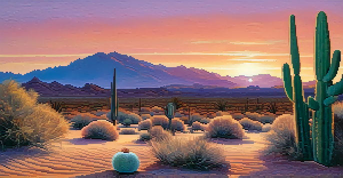 A beautiful sunset over a desert landscape with a small peyote cactus in the foreground.