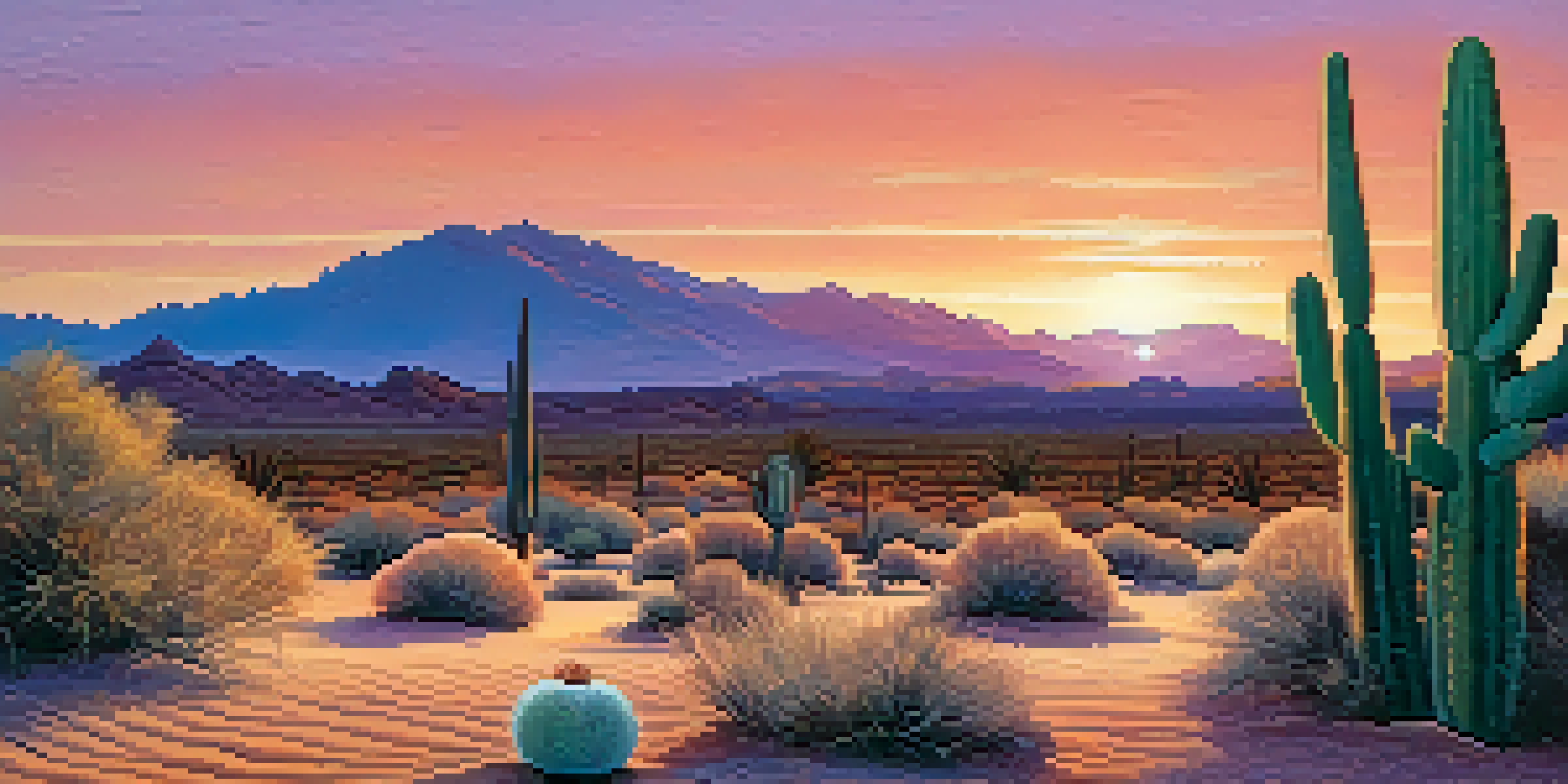 A beautiful sunset over a desert landscape with a small peyote cactus in the foreground.