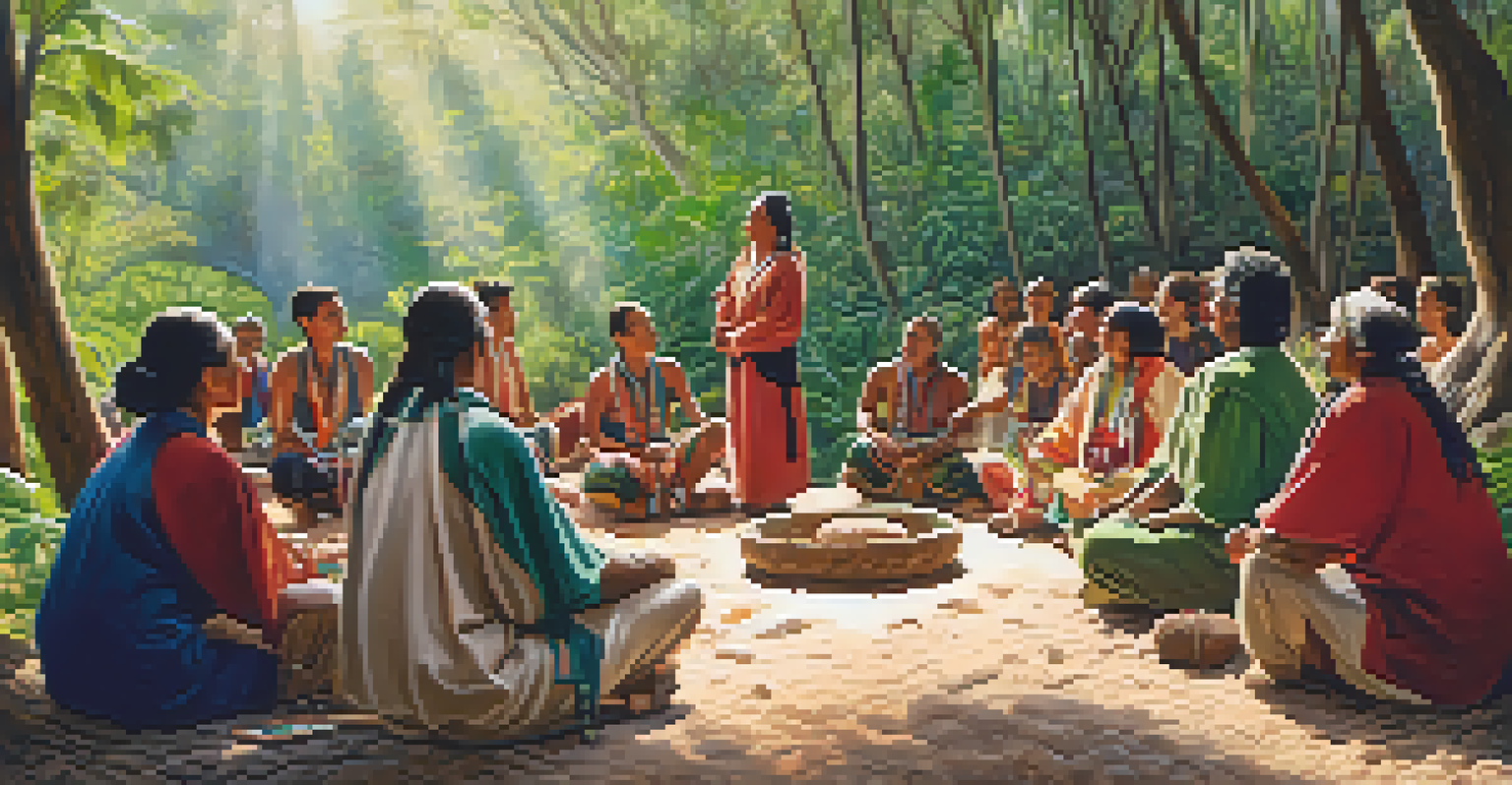 An Indigenous healer leading a peyote ceremony outdoors, surrounded by greenery, with participants listening attentively in a natural setting.