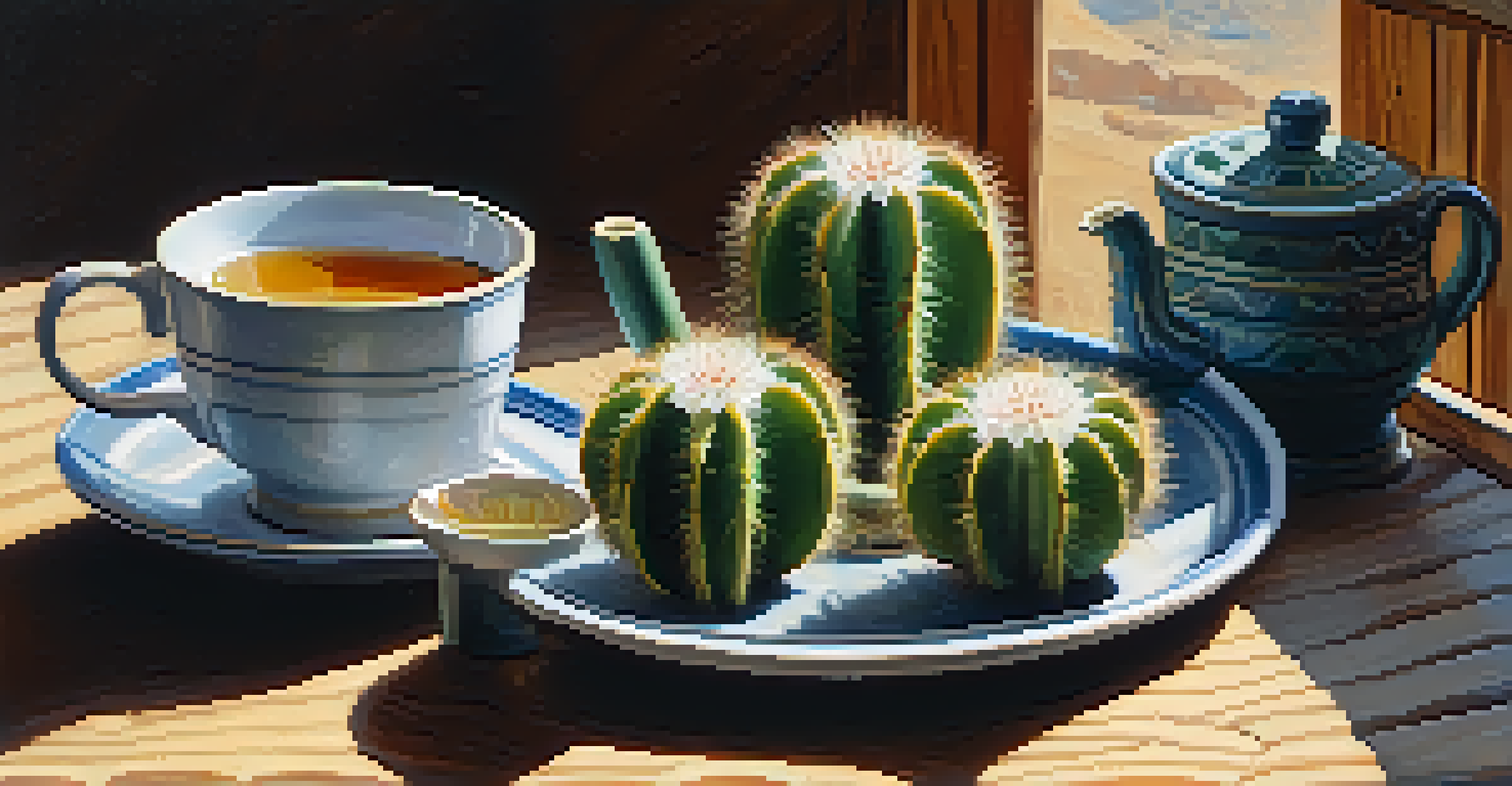 Close-up of Peyote cactus slices and a cup of Peyote tea on a rustic wooden table, illuminated by soft sunlight.
