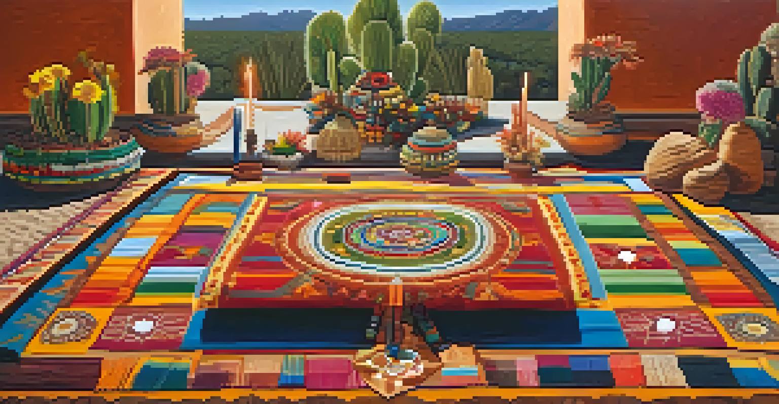 A ceremonial setting with textiles and instruments, centered around a peyote cactus adorned with flowers and candles.