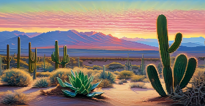 A tranquil desert scene at sunrise with Peyote cacti in the foreground and soft golden light illuminating the landscape.