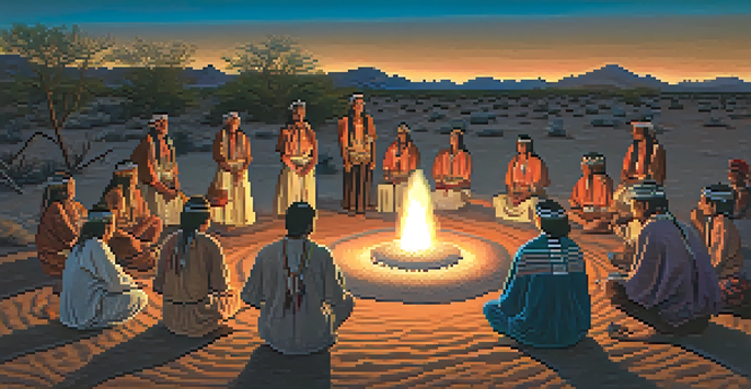A peaceful desert scene with people gathered around a fire for a peyote ceremony, illuminated by the sunset.