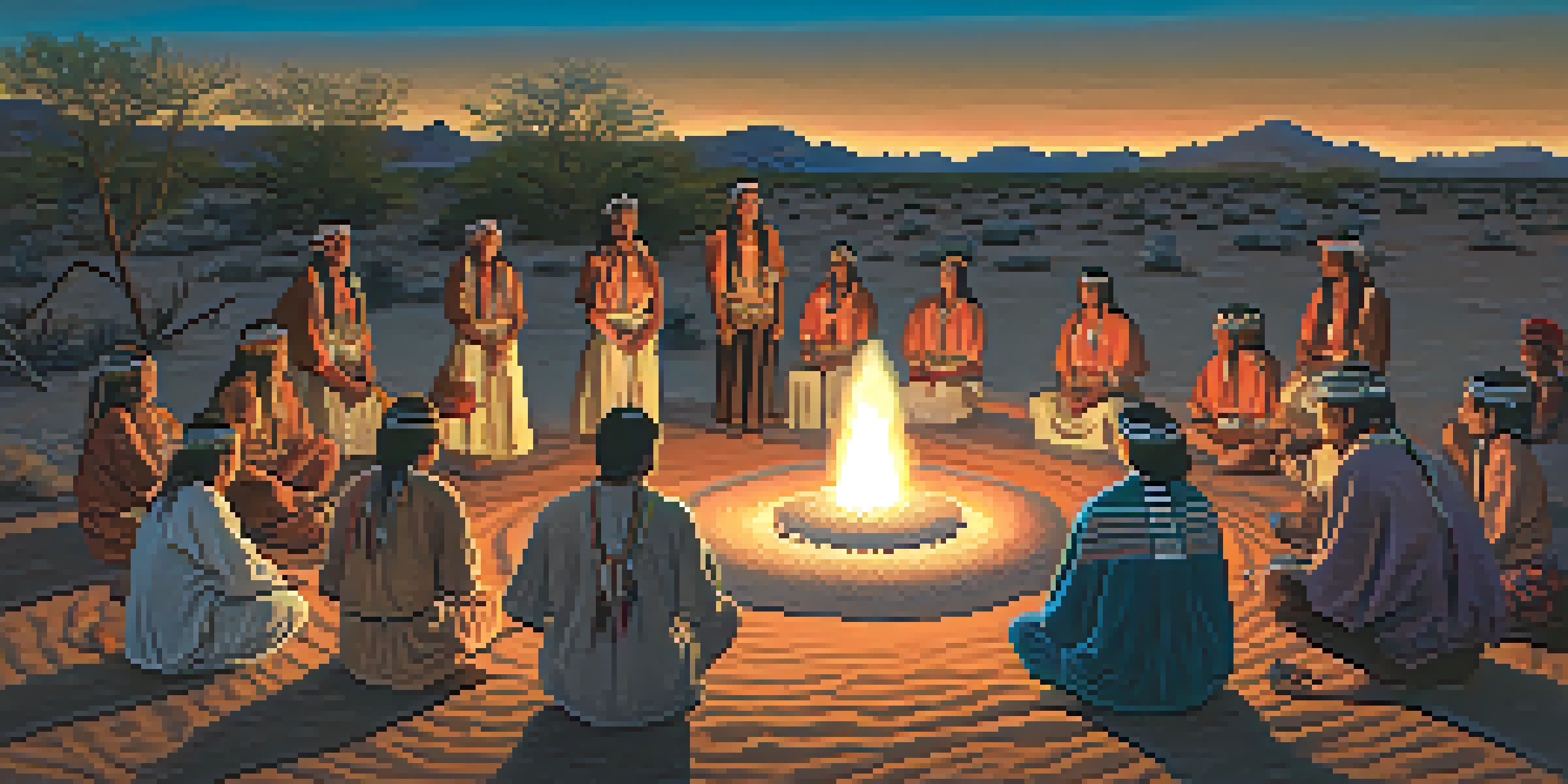 A peaceful desert scene with people gathered around a fire for a peyote ceremony, illuminated by the sunset.