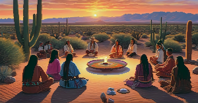 A group of Native American individuals in traditional attire participating in a peyote ceremony during sunset, surrounded by a desert landscape.