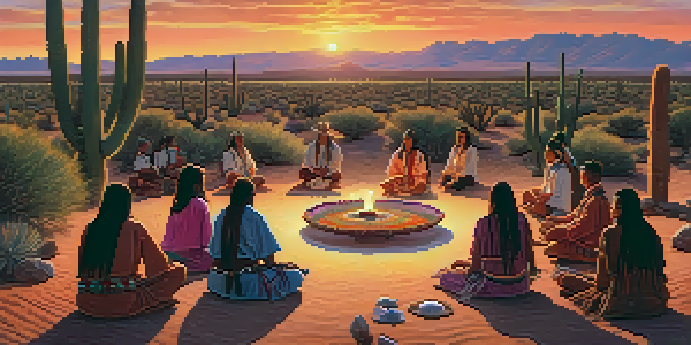 A group of Native American individuals in traditional attire participating in a peyote ceremony during sunset, surrounded by a desert landscape.