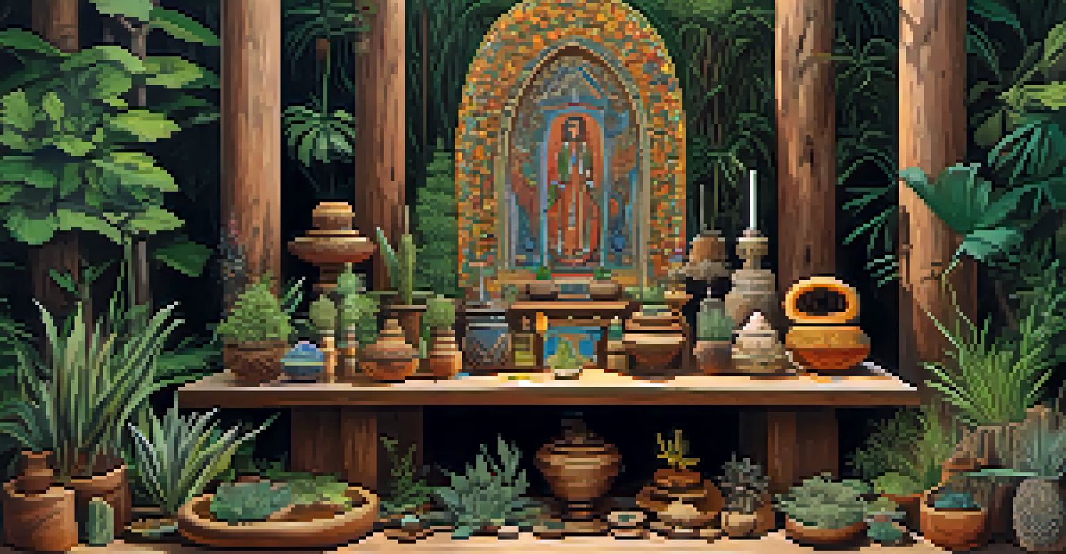 An ornate wooden altar with sacred items for peyote rituals, illuminated by sunlight, set against a natural backdrop.