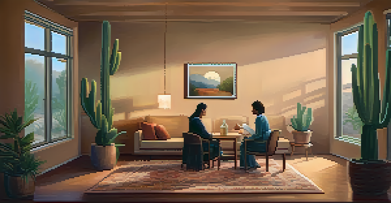A cozy therapy room with a therapist and patient and a peyote cactus on the table, designed for emotional healing.