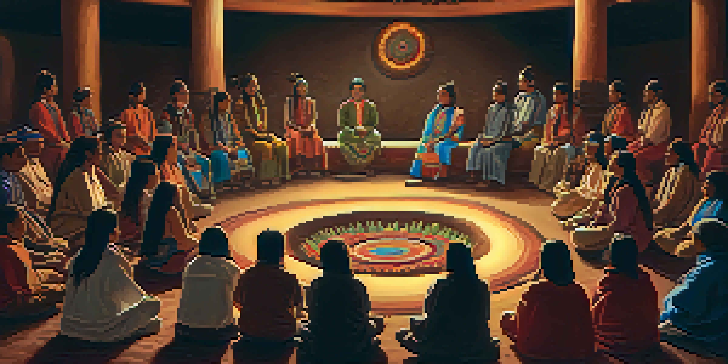 A group of people participating in a peyote ceremony, singing and drumming in a dimly lit space, with traditional decorations and a peyote cactus in the center.