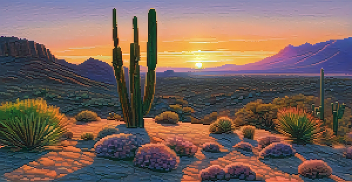 A vibrant sunset over a desert landscape, with a small flowering peyote cactus in the foreground and colorful sky.