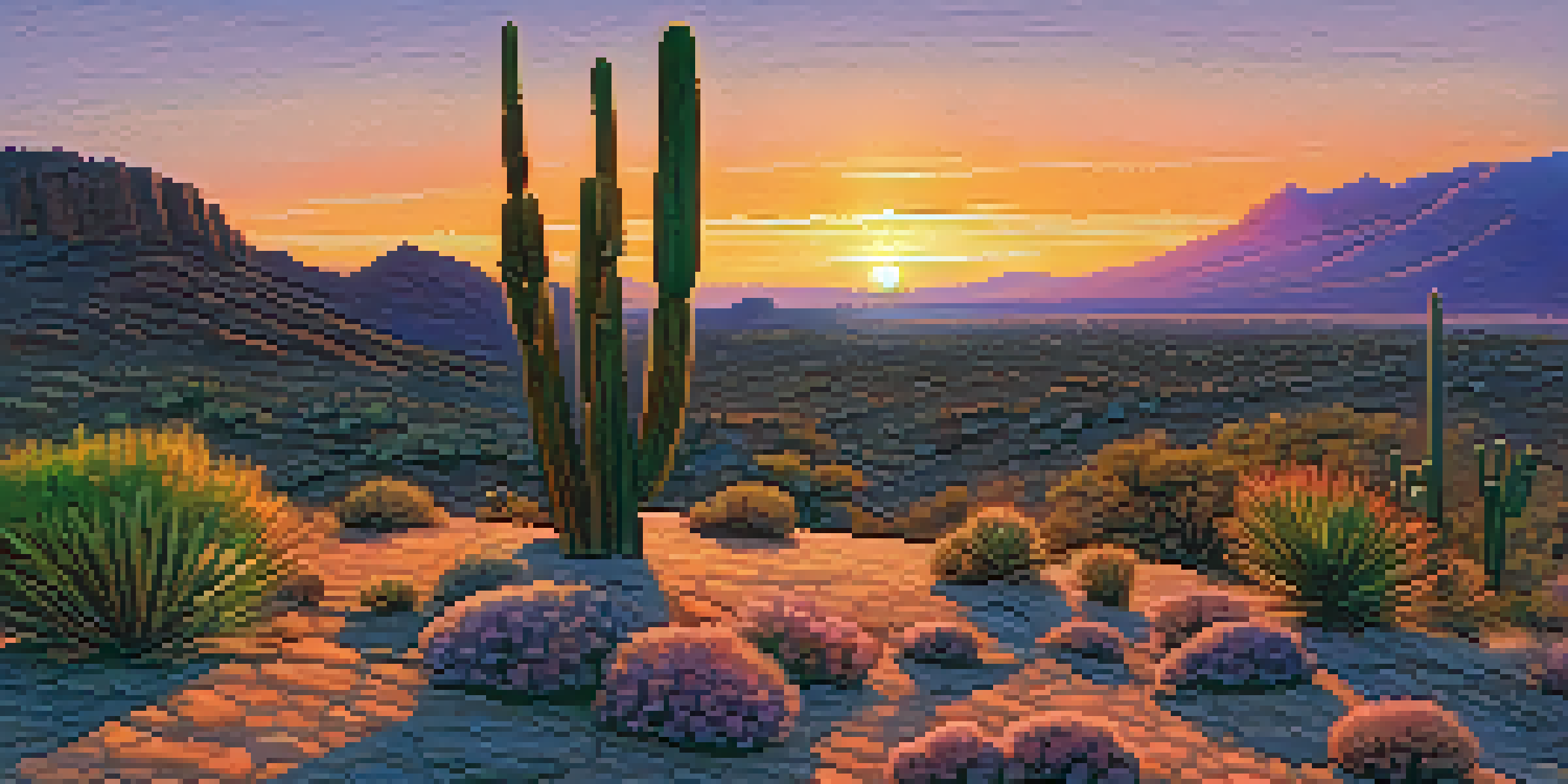A vibrant sunset over a desert landscape, with a small flowering peyote cactus in the foreground and colorful sky.