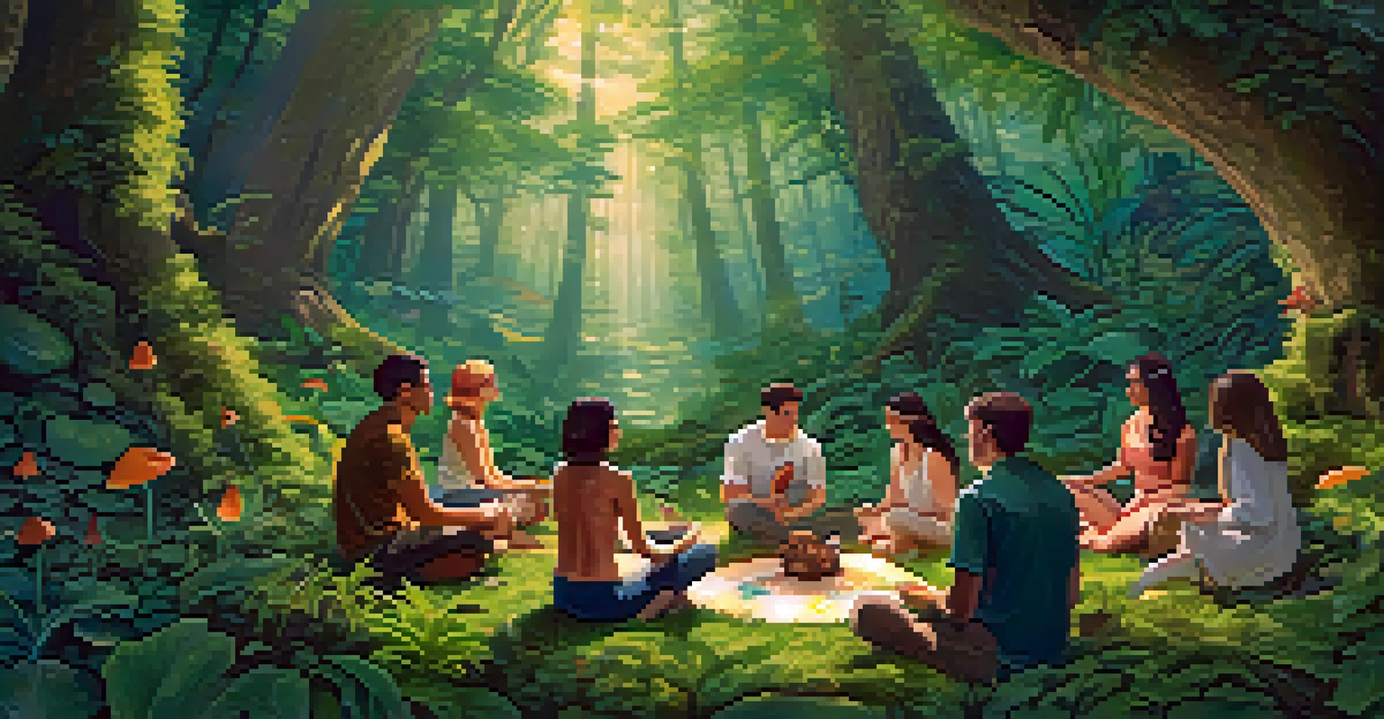 A diverse group of people in a circle participating in a psilocybin mushroom ceremony in a lush forest, with sunlight filtering through the trees.