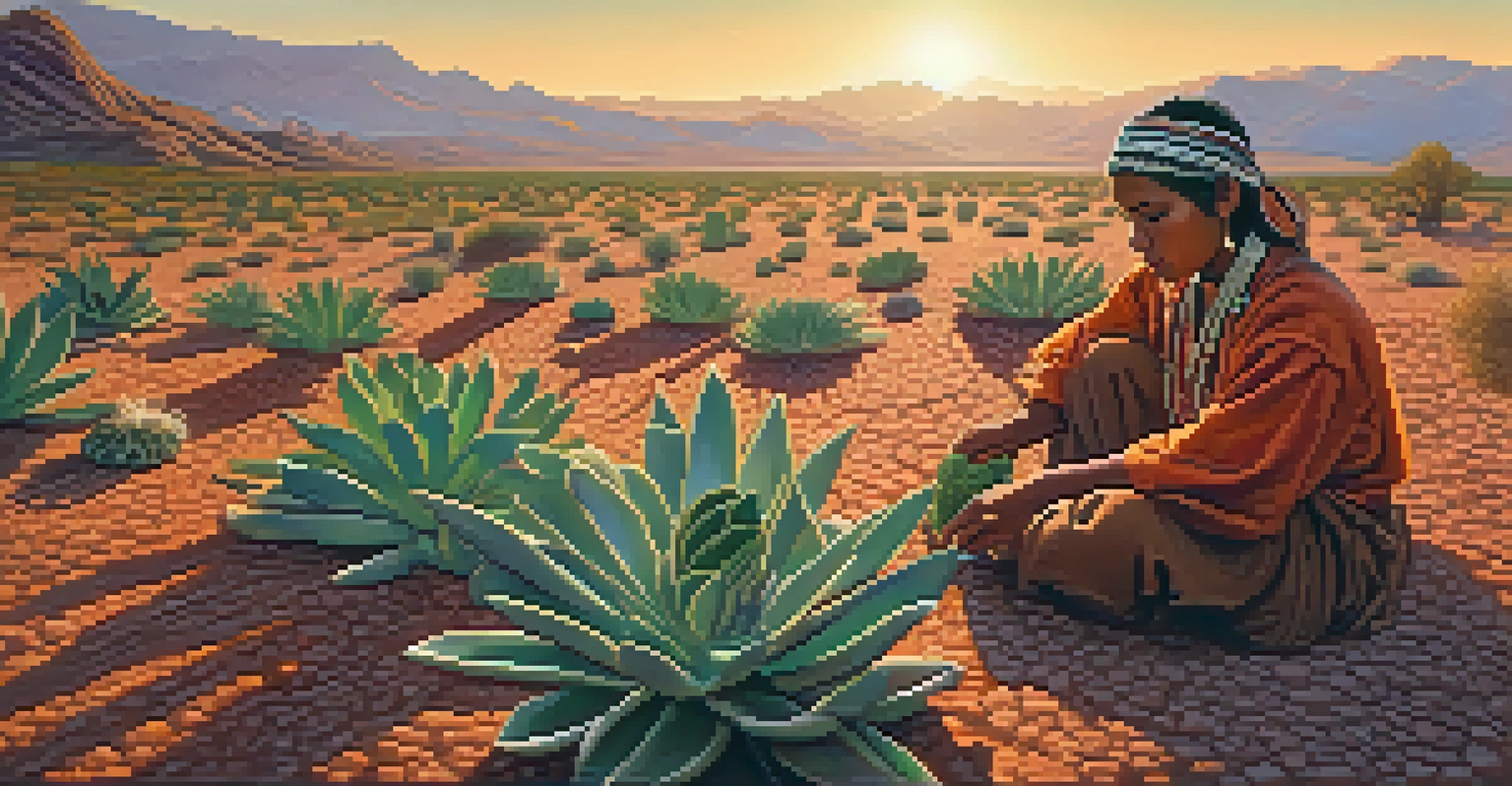 An indigenous individual wearing traditional clothing, carefully harvesting peyote in a vibrant desert setting at sunset.