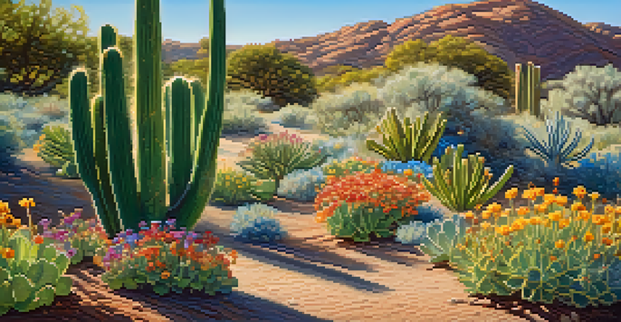 A vibrant green peyote cactus surrounded by colorful wildflowers in a serene outdoor setting, under a bright blue sky with soft sunlight filtering through trees.