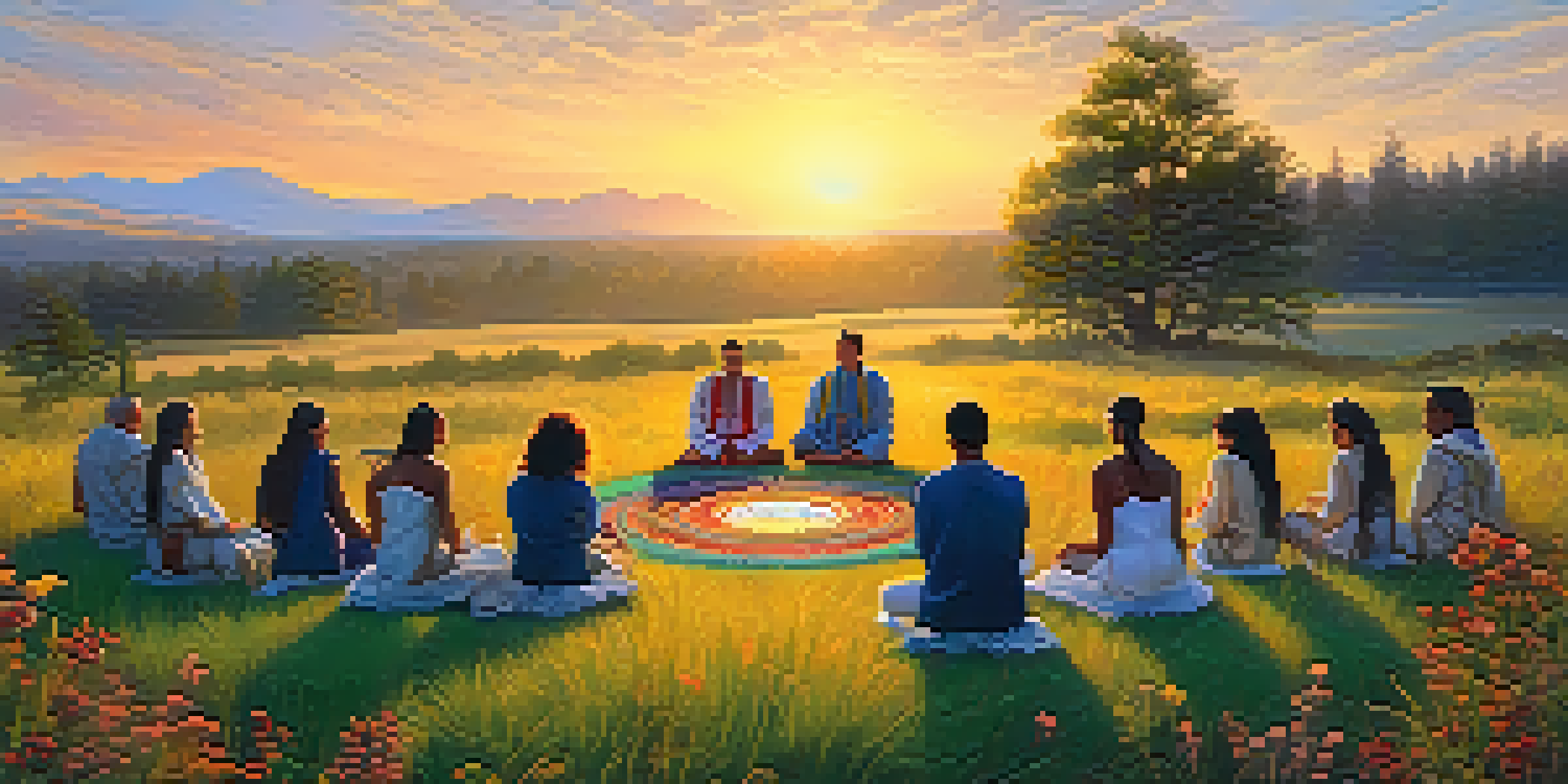 A group of participants in a peyote ceremony sitting in a circle on a grassy meadow, surrounded by wildflowers and bathed in golden sunset light.