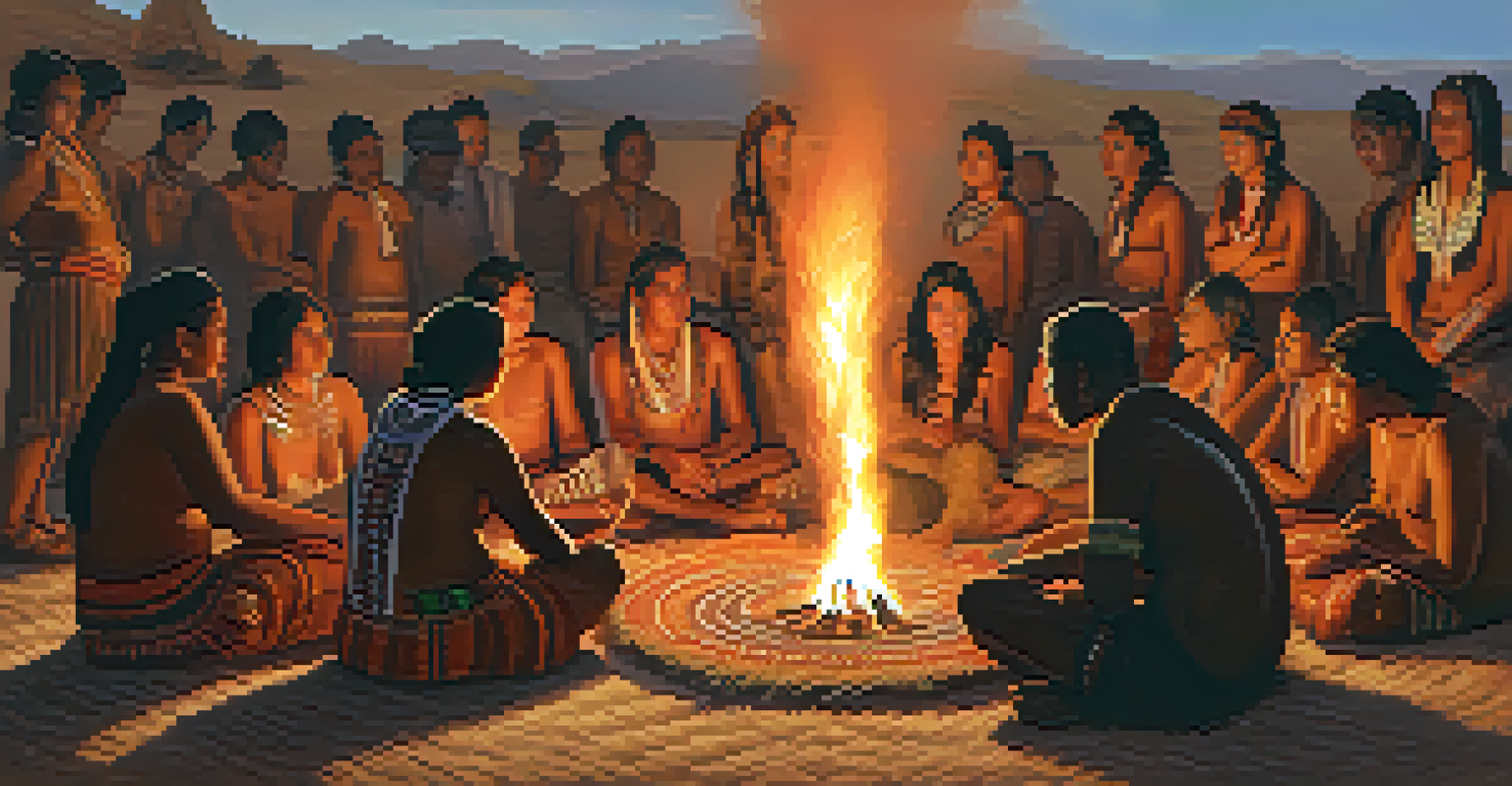 A group of Indigenous people in a ceremonial setting around a fire, sharing a moment of reflection.