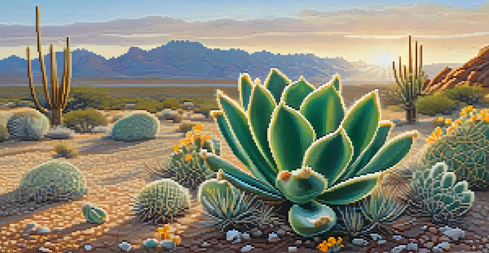 A close-up view of a peyote cactus with intricate textures and vibrant colors, set against a blurred desert landscape filled with wildflowers in soft morning light.