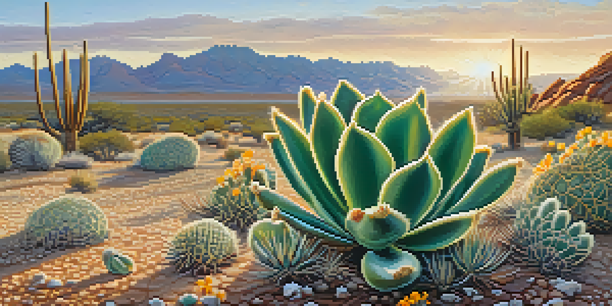 A close-up view of a peyote cactus with intricate textures and vibrant colors, set against a blurred desert landscape filled with wildflowers in soft morning light.