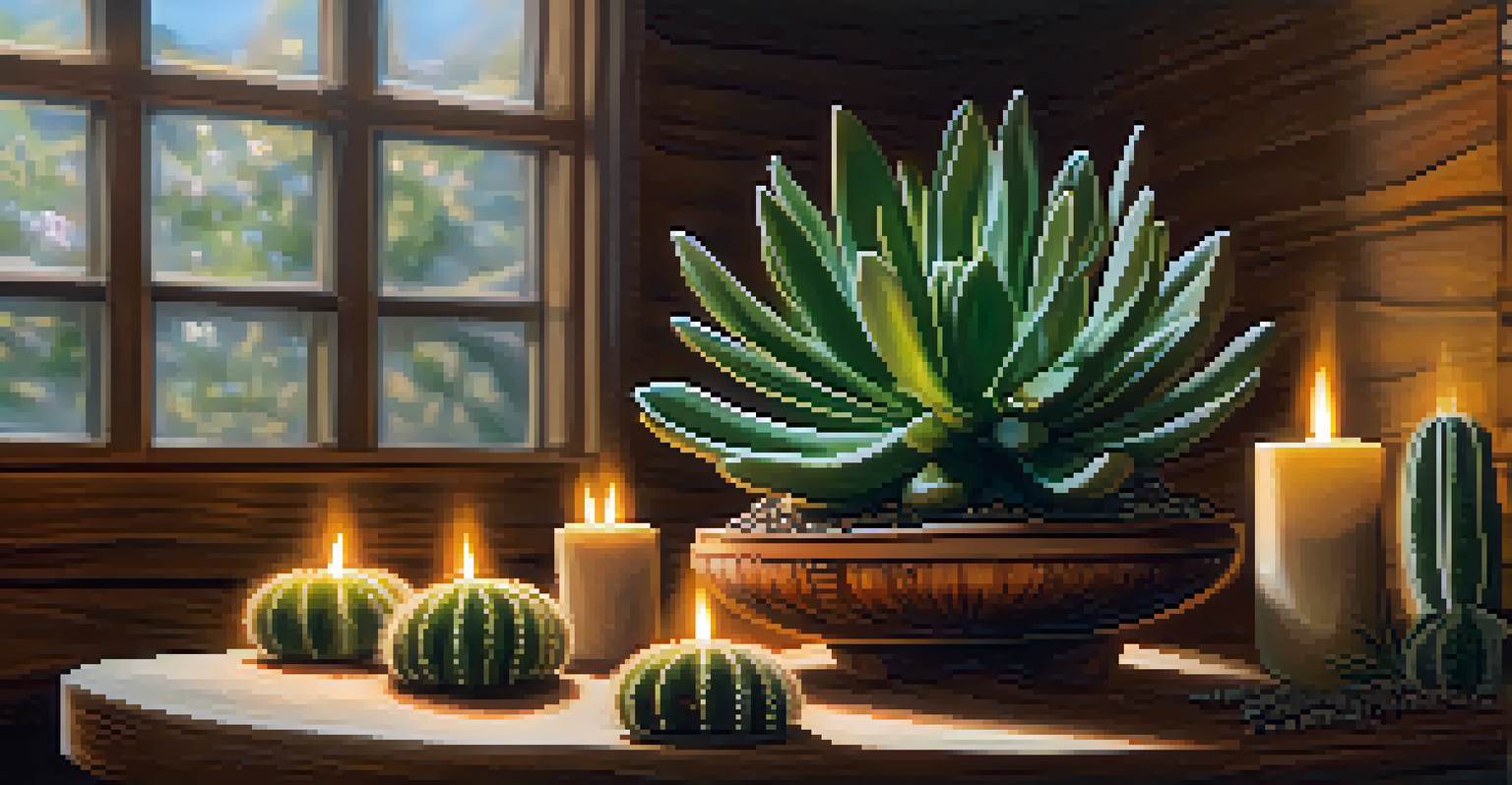 A close-up of a peyote cactus on a wooden altar, surrounded by herbs and softly lit by a candle.