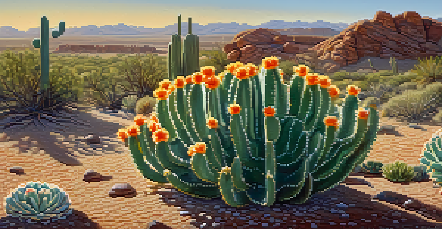 A close-up view of a peyote cactus with colorful flowers, showcasing its textures in a desert landscape.