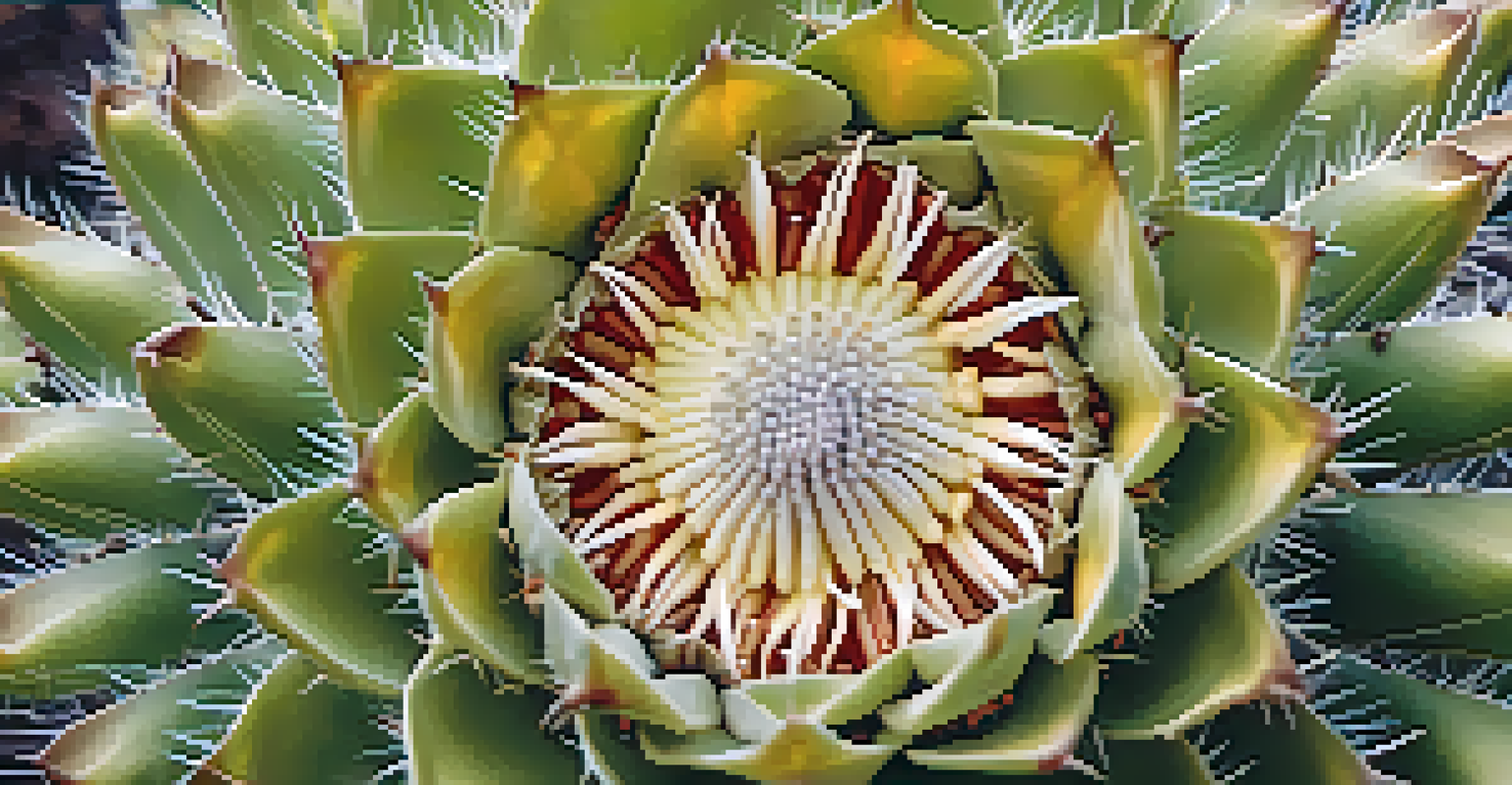 A detailed close-up of a peyote cactus, showcasing its spines and flowers, with soft lighting and a blurred desert background.