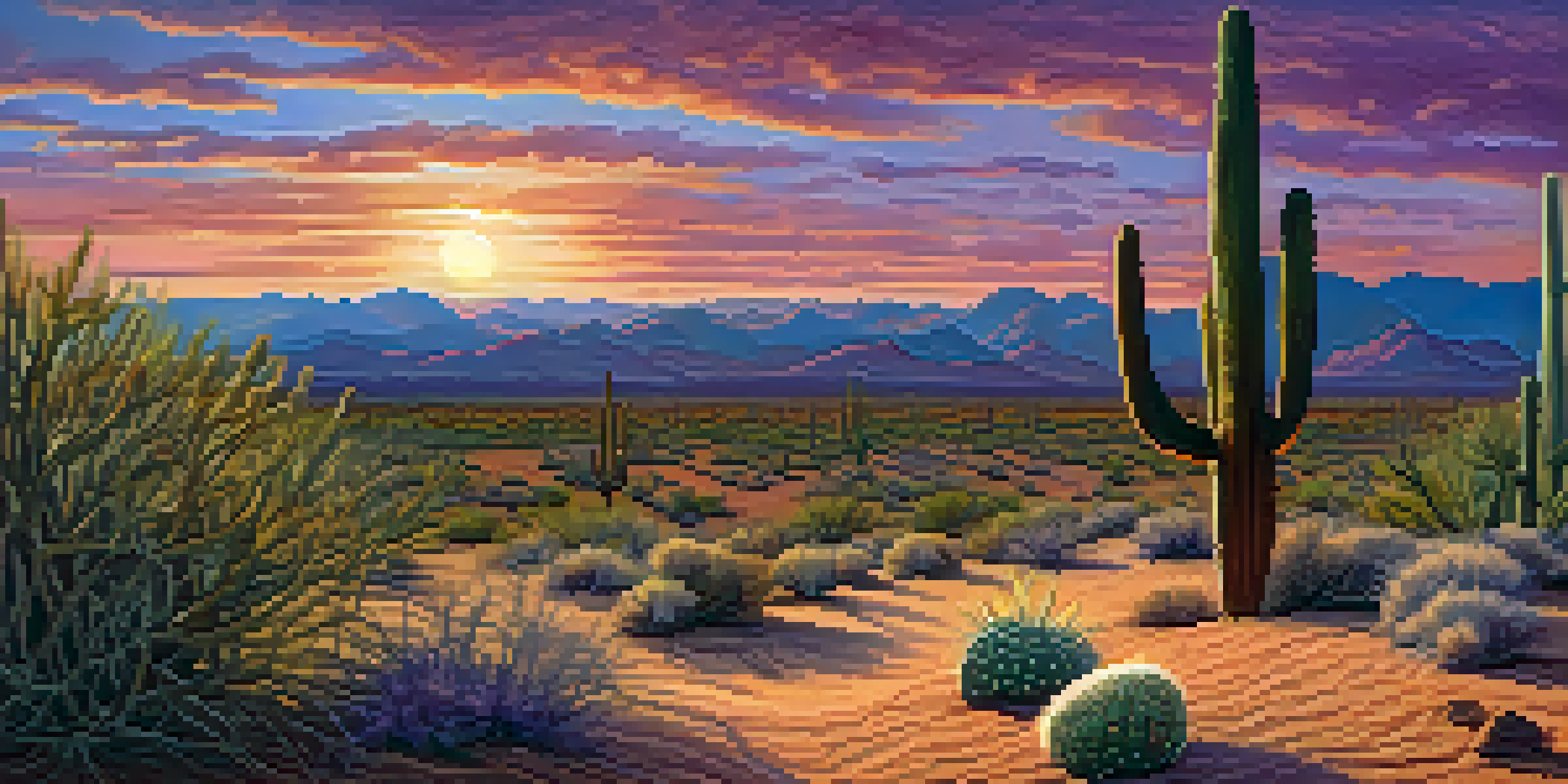 A peaceful desert scene at sunset featuring a small peyote cactus, with vibrant orange and purple hues in the sky.