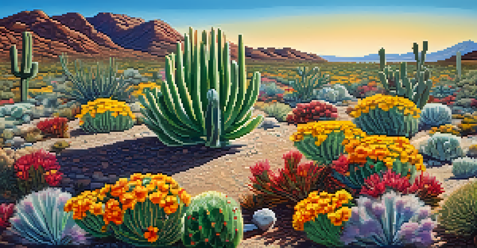 An artistic image of a peyote cactus surrounded by colorful wildflowers and desert plants, under a clear blue sky.