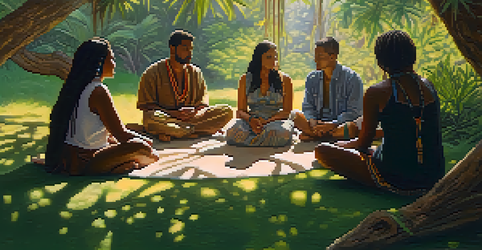 A diverse group of individuals sitting in a circle during a peyote ceremony in a natural setting, with sunlight filtering through trees.