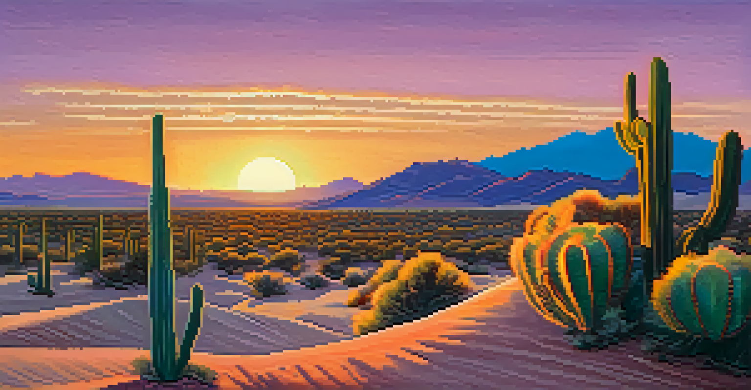 A small Peyote cactus in a desert landscape at sunset, with colorful skies and textured sand.