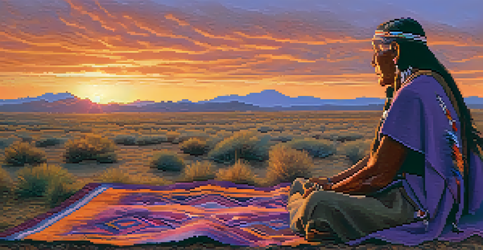 A Native American elder sitting on a blanket at dusk, sharing a dream with a small group in a serene landscape, with a colorful sunset in the background.