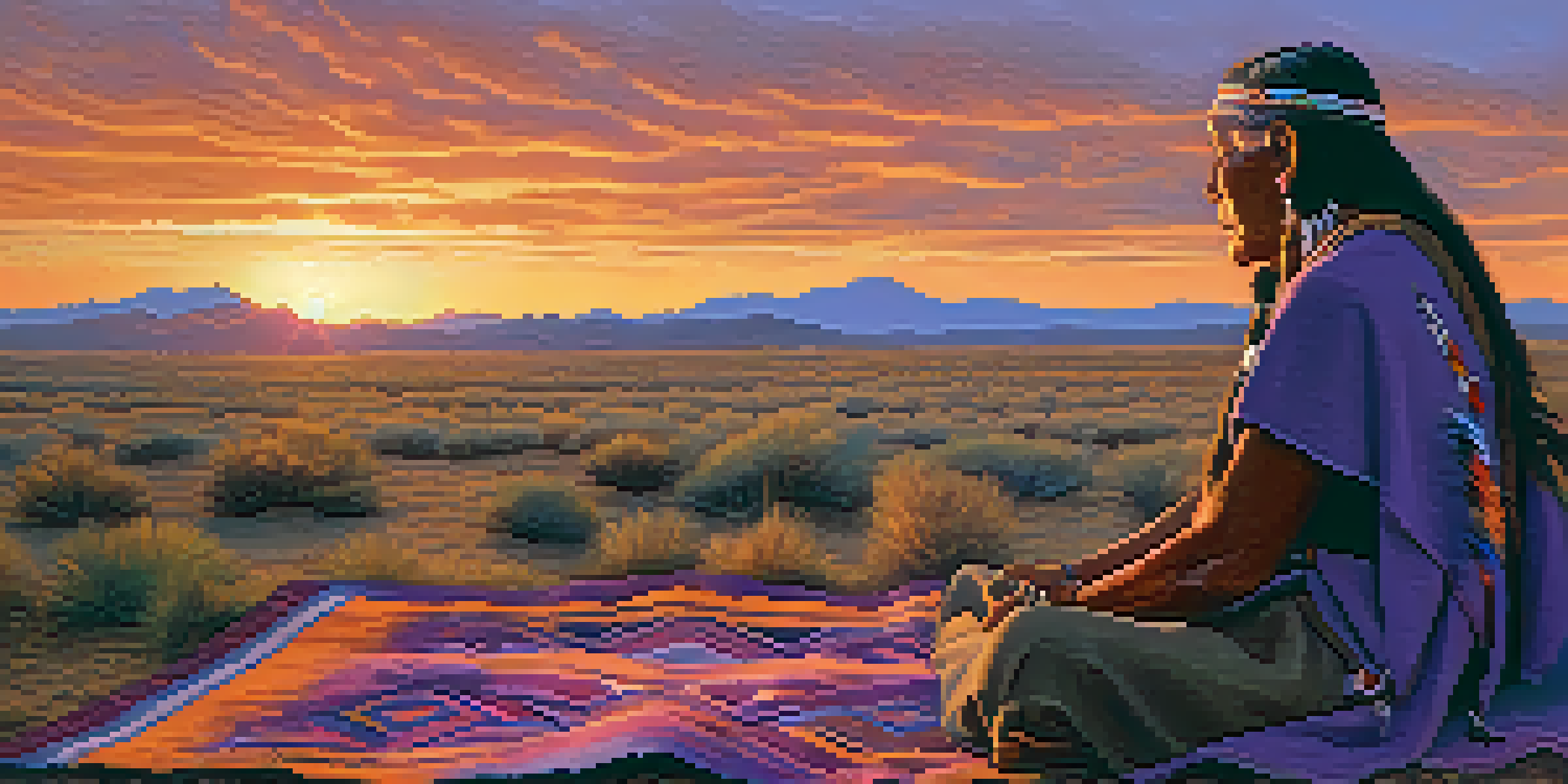 A Native American elder sitting on a blanket at dusk, sharing a dream with a small group in a serene landscape, with a colorful sunset in the background.