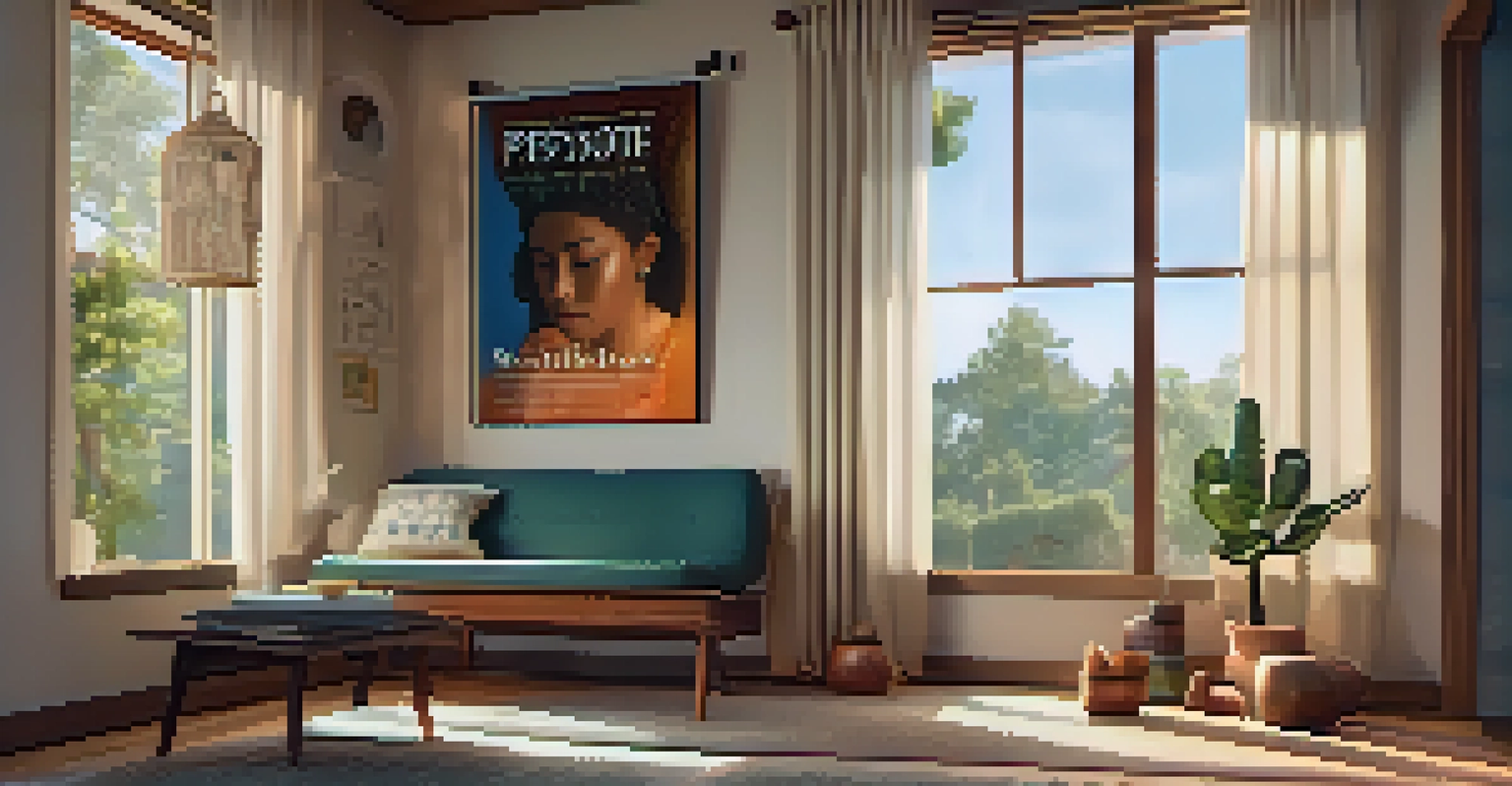 A cozy reading nook with books about Indigenous culture and spirituality, featuring an armchair, warm lighting, and a potted peyote cactus on a side table.