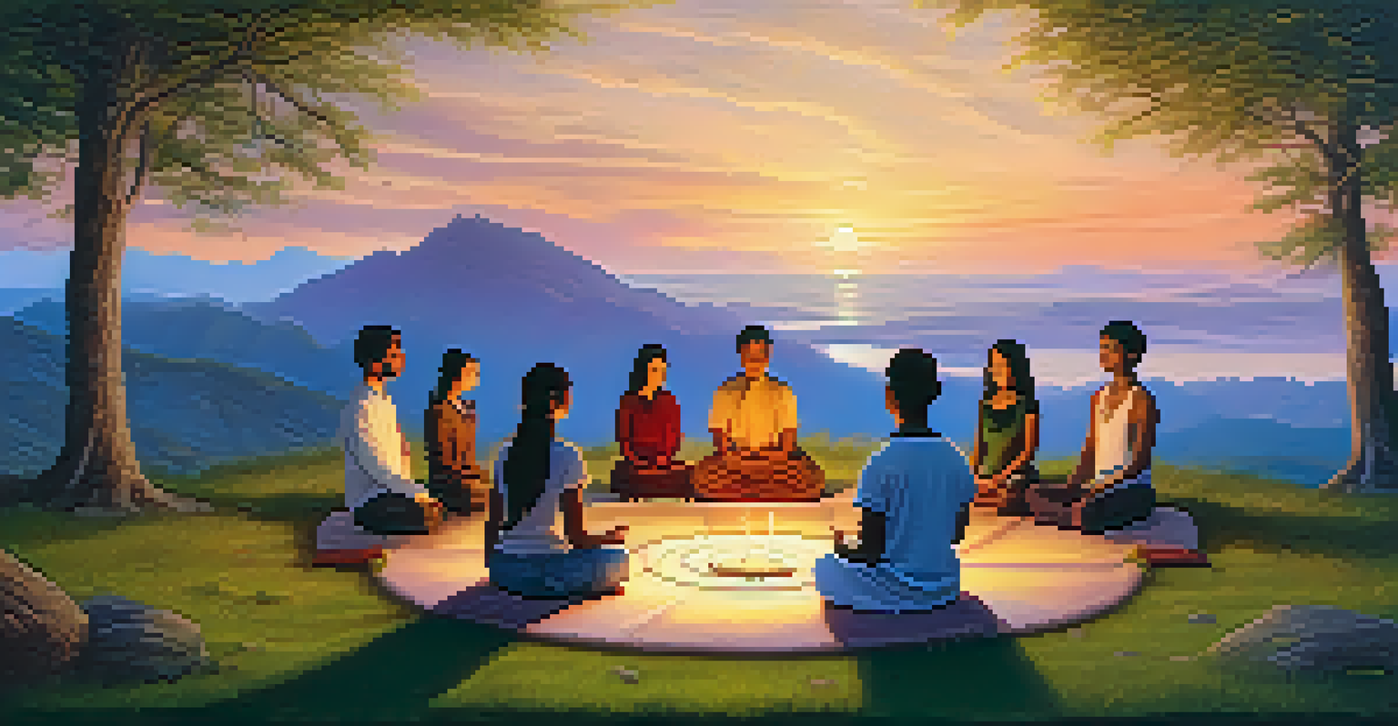 A diverse group of individuals meditating in a circle on grass, surrounded by a serene natural landscape with a sunset and a small altar in the center.