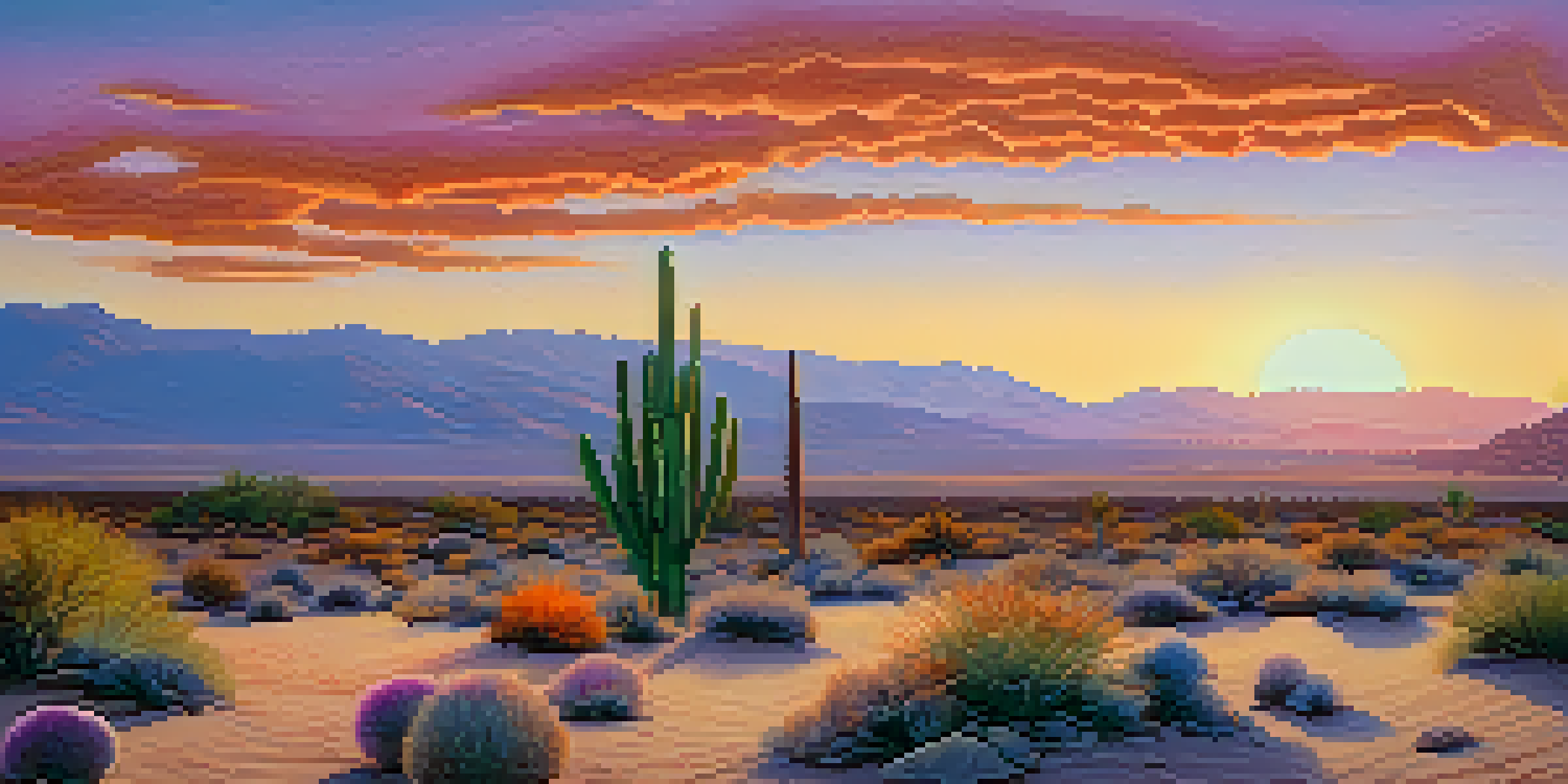 A desert landscape at sunset with a small peyote cactus in the foreground, showcasing vibrant colors in the sky.