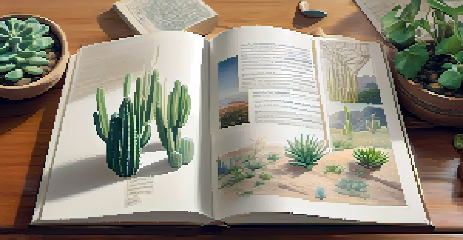 An open journal with sketches and notes about peyote, alongside a small cactus on a wooden table.
